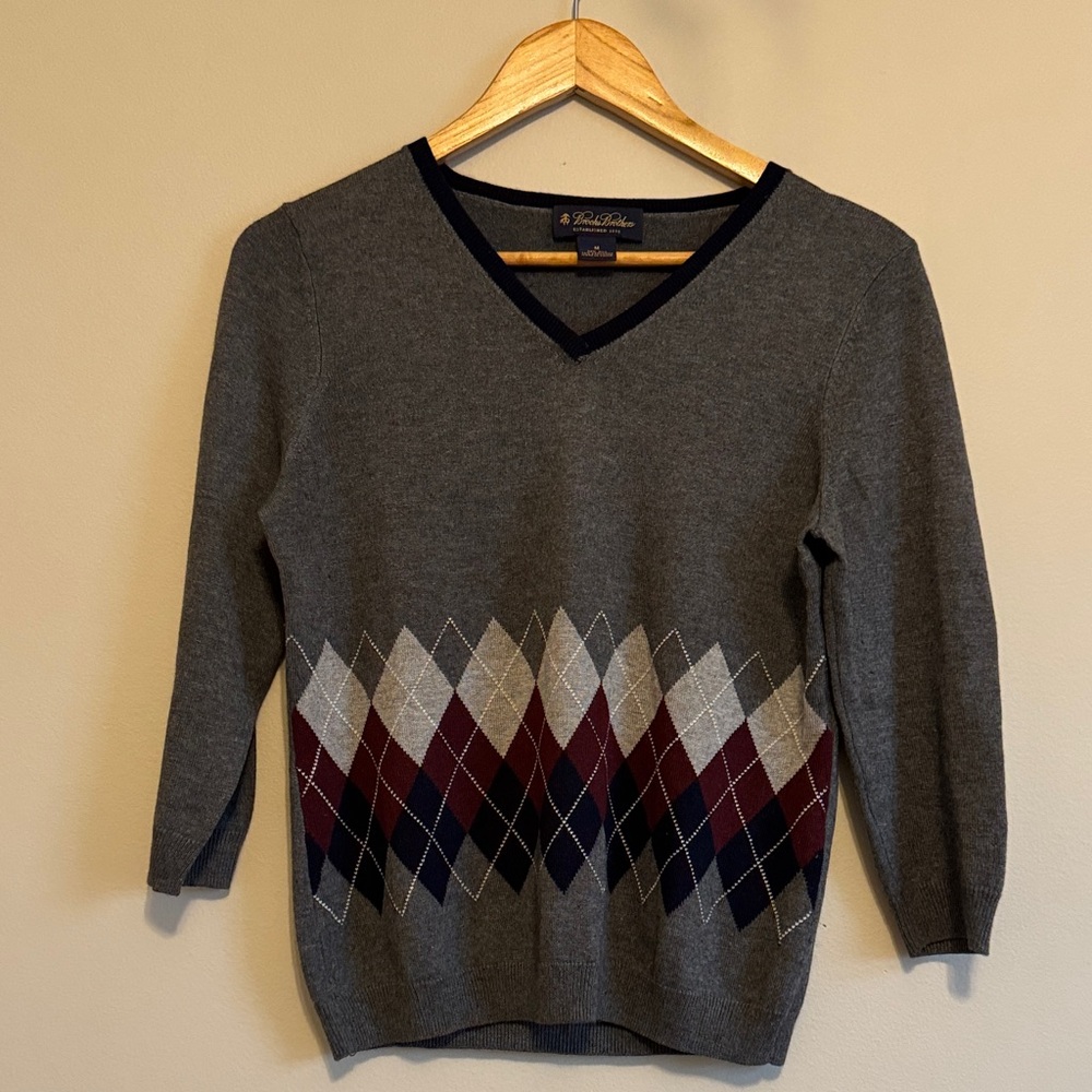 Brooks Brothers Gray and Burgundy Argyle V-Neck Sweater